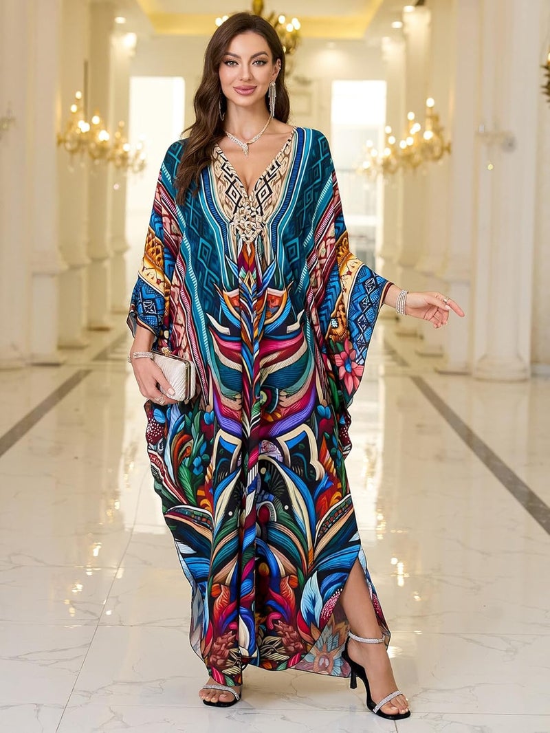 KEYLORTING Women’s Kaftan Beach Cover Up Dress Plus Size Summer Swimsuit Loungewear Maxi Dress - Image 2